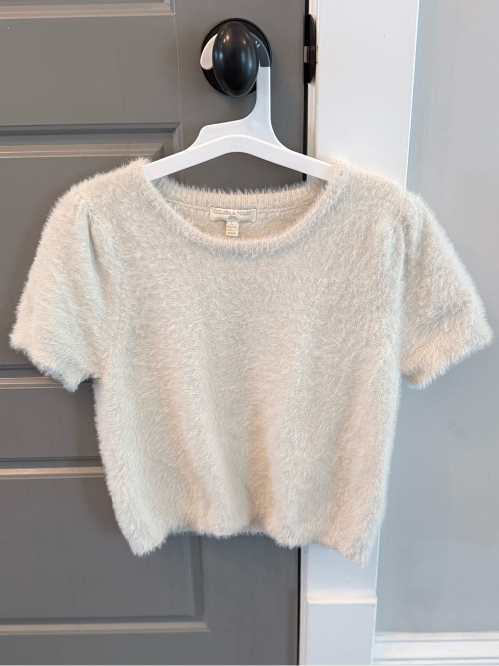Chelsea & Violet - Girls Cream Fuzzy Short-Sleeve Crewneck Sweater